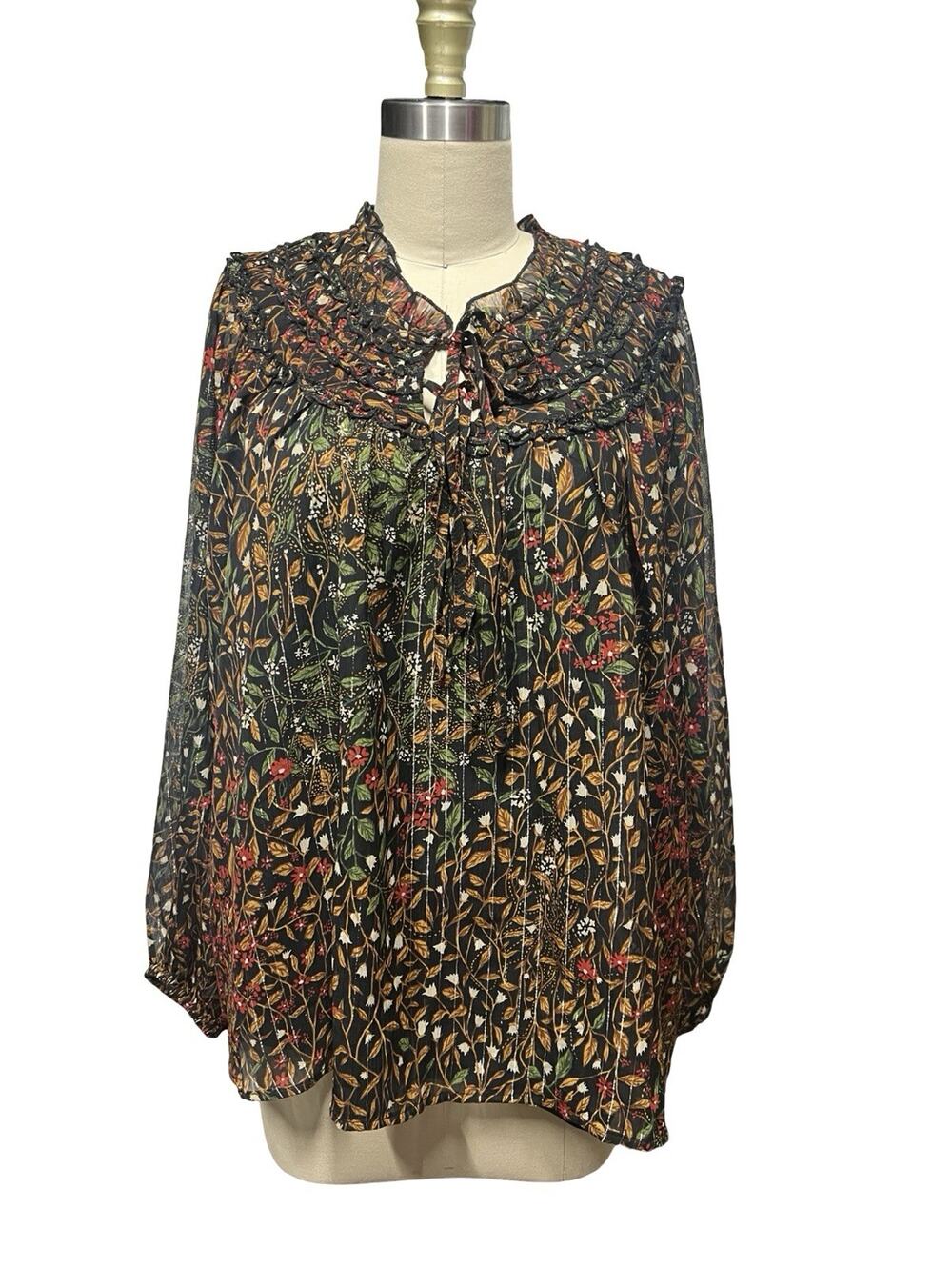 Maurices Plus Women’s Boho Peasant Top Sz 1X Multi Color Floral Ties Ruffle Neck